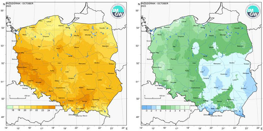 Przestrzenny rozkład wartości kwantyla 95% maksymalnej temperatury powietrza (po lewej) i kwantyla 5% minimalnej temperatury powietrza (po prawej) w październiku 2023 r.