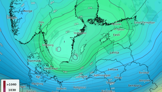 Prognoza pola ciśnienia na sobotę 19.02.2022 godz. 8:00. Niż Eunice (Zeynep) w rejonie południowej Szwecji (model GFS)