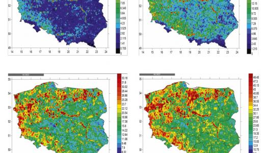 Rozkład przestrzenny wskaźnika wilgotności gleby w warstwie 7-28 cm w dniach 01.01, 01.02, 01.03, 01.04, 01.05, 11.05.2022 r.