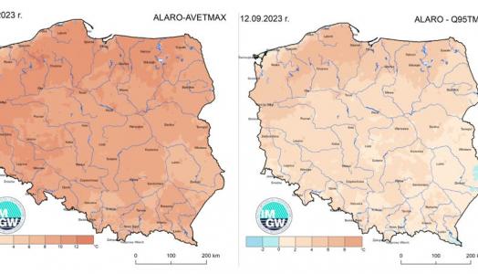 ZAGROŻENIA KLIMATYCZNE: Prognoza wartości maksymalnej temperatury powietrza w dniu 12 września 2023 roku na tle warunków wieloletnich (1991-2020)