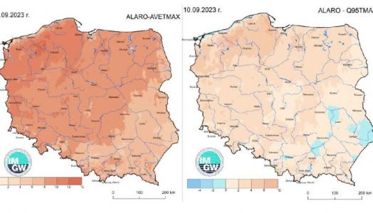 Prognoza wartości maksymalnej temperatury powietrza w dniu 10 września 2023 roku na tle warunków wieloletnich (1991-2020)