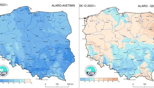 Prognoza wartości minimalnej temperatury powietrza w dniu 5 grudnia 2023 roku na tle warunków wieloletnich (1991-2020)