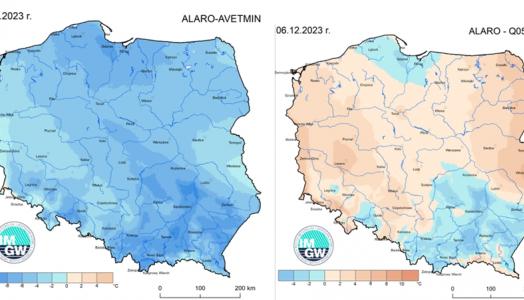 Prognoza wartości minimalnej temperatury powietrza w dniu 6 grudnia 2023 roku na tle warunków wieloletnich (1991-2020)