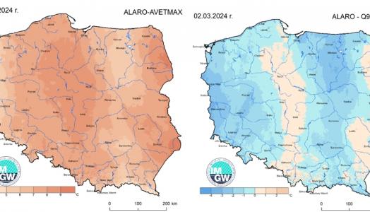 Prognoza wartości maksymalnej temperatury powietrza w dniach 2 i 3 marca 2024 roku na tle warunków wieloletnich (1991-2020)