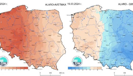 Prognoza wartości maksymalnej temperatury powietrza w dniu 15 marca 2024 roku na tle warunków wieloletnich (1991-2020)