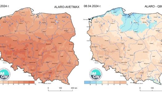 Prognoza wartości maksymalnej temperatury powietrza w dniu 8 kwietnia 2024 roku na tle warunków wieloletnich (1991-2020)