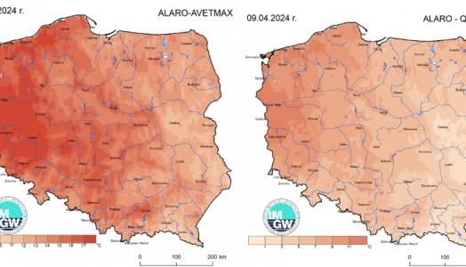 Prognoza wartości maksymalnej temperatury powietrza w dniu 09 kwietnia 2024 roku na tle warunków wieloletnich (1991-2020)