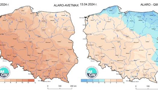 Prognoza wartości maksymalnej temperatury powietrza w dniu 13 kwietnia 2024 roku na tle warunków wieloletnich (1991-2020)