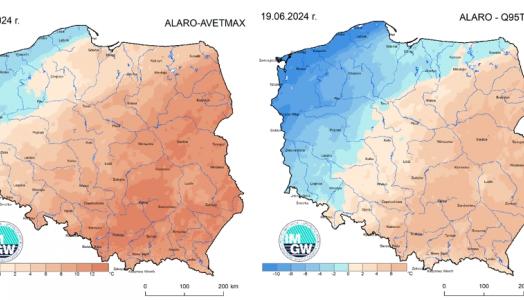 Prognoza wartości maksymalnej temperatury powietrza w dniu 19 czerwca 2024 roku na tle warunków wieloletnich (1991-2020)