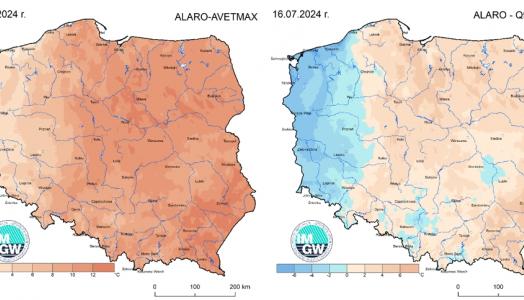 Prognoza wartości maksymalnej temperatury powietrza w dniu 16 lipca 2024 roku na tle warunków wieloletnich (1991-2020)