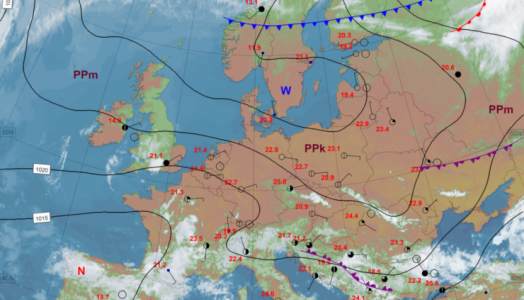 Mapa synoptyczna z terminu 20.09.2024 12:00 UTC. Źródło: IMGW-PIB. 