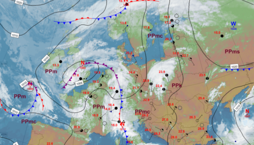 Mapa synoptyczna z terminu 23.09.2024 12:00 UTC. Źródło: IMGW-PIB.