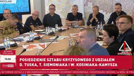 Prof. dr. hab. Robert Czerniawski Dyrektor IMGW-PIB, dr inż. Paweł Przygrodzki, Dyrektor CHOK oraz dr Grzegorz Duniec, Dyrektor CMOK biorą udział w posiedzeniu sztabu kryzysowego we Wrocławiu