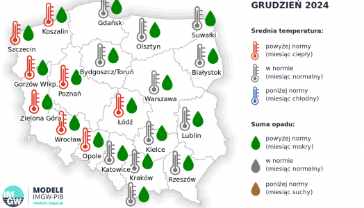 Rys. 1. Prognoza średniej miesięcznej temperatury powietrza i miesięcznej sumy opadów atmosferycznych na grudzień 2024 r. dla wybranych miast w Polsce