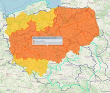 Mapa przedstawiająca aktualnie obowiązujące ostrzeżenia meteorologiczne