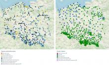 Na mapach mamy możliwość wyświetlenia wszystkich aktywnych stacji pomiarowych oraz podgląd na ich aktualną sytuację meteorologiczną lub hydrologiczną