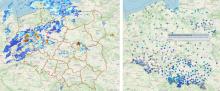 Mapa przedstawiająca dane radarowe i wyładowania (lewa grafika) oraz sumy opadów za 48 godzin na stacjach obserwacyjnych (prawa grafika)