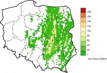 Maksymalna liczba doziemnych wyładowań atmosferycznych przypadająca na 10 minut na 100km2 w dniu 05.10.2020