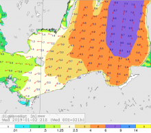 Fot. 1: Prognoza wysokości fali znacznej oraz kierunku propagacji fali z godziny 21 w dniu 2 stycznia 2019 r. (sztorm).