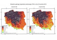 Pożary lasów zaobserwowane 23 kwietnia 2019 roku na tle wysokorozdzielczej prognozy wskaźnika FWI (ogólnego zagrożenia pożarowego) na ten dzień z 22 i 21 kwietnia 2019 roku; źródło danych o pożarach: Państwowa Straż Pożarna.