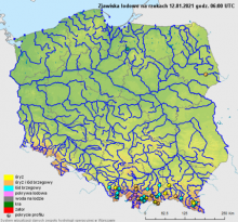 Mapa zjawisk lodowych na rzekach z dnia 12.01.2021 r.