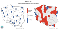 Rys. 3. Prognozowana klasa średniej miesięcznej temperatury powietrza w kwietniu 2021 r. według modelu IMGW-Reg i IMGW-Bayes