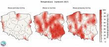 Rys. 5. Prawdopodobieństwo wystąpienia klas „poniżej normy”, „w normie” i „powyżej normy” dla średniej temperatury powietrza w kwietniu 2021 r. według modelu IMGW-Bayes