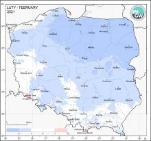 Przestrzenny rozkład anomalii średniej miesięcznej temperatury powietrza w lutym 2021 r. w stosunku do normy (tj. średniej miesięcznej wartości wieloletniej elementu w okresie 1991-2020)