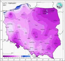 Przestrzenny rozkład wartości kwantyla 95% maksymalnej temperatury powietrza i kwantyla 5% minimalnej temperatury powietrz w lutym 2021 roku.