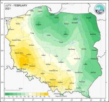 Przestrzenny rozkład wartości kwantyla 95% maksymalnej temperatury powietrza i kwantyla 5% minimalnej temperatury powietrz w lutym 2021 roku.