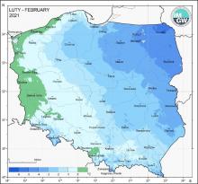 Przestrzenny rozkład średniej miesięcznej temperatury powietrza w lutym 2021 roku.