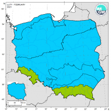 Wartości średniej obszarowej temperatury powietrza oraz klasyfikacja termiczna w lutym 2021 r. w poszczególnych regionach klimatycznych Polski.