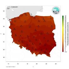 Przestrzenny rozkład prawdopodobieństwa wystąpienia opadu o dobowej sumie większej od najwyższej zanotowanej w lutym 2021 r. (wartości maksymalnych sum dobowych podane w miejscu lokalizacji stacji meteorologicznej).