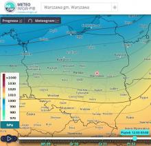 Rozkład wartości ciśnienia atmosferycznego w piątek 12.03.2021 r. o godz. 3:00 wg modelu GFS. Duży gradient baryczny. https://meteo.imgw.pl/