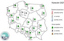 Rys. 1. Prognoza średniej miesięcznej temperatury i miesięcznej sumy opadów atmosferycznych  na kwiecień2021 r.