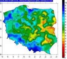 Wskaźnik wilgotności gleby na głębokości 0-7 cm w dniu 13 kwietnia 2021r. na podstawie obrazów satelitarnych.