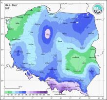 Przestrzenny rozkład miesięcznej sumy opadów w maju 2021 r.