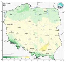 Przestrzenny rozkład średniej miesięcznej temperatury powietrza w maju 2021 r.