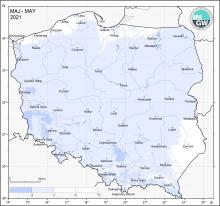 Przestrzenny rozkład anomalii średniej miesięcznej temperatury powietrza w maju 2021 r. w stosunku do normy (tj. średniej miesięcznej wartości wieloletniej elementu w okresie 1991-2020)