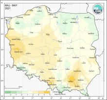 Przestrzenny rozkład wartości kwantyla 95% maksymalnej temperatury powietrza w maju 2021 r.