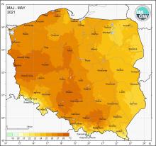 Przestrzenny rozkład wartości kwantyla 5% minimalnej temperatury powietrza w maju 2021 r.