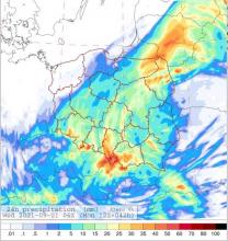 Prognoza wysokości opadów w okresie od 06 UTC 31.08.2021 do 06 UTC 01.09.2021 z modelu Alaro