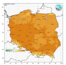 Przestrzenny rozkład średniej miesięcznej temperatury powietrza w sierpniu 2021 r.