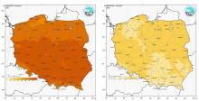 Przestrzenny rozkład wartości kwantyla 95% maksymalnej temperatury powietrza i kwantyla 5% minimalnej temperatury powietrza w sierpniu 2021 r.