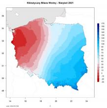 Klimatyczny Bilans Wodny (różnica pomiędzy wysokością opadów a parowaniem potencjalnym) w sierpniu 2021 roku.