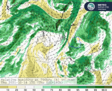 Prognoza wilgotności powietrza na wys. ok. 3 km nad powierzchnią ziemi w dniach 10-14.10.2021 r. wg modelu GFS.