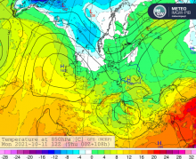 Prognoza wartości temperatury powietrza na wys. ok. 1,5 km nad powierzchnią ziemi w dniach 10-14.10.2021 r. wg modelu GFS. Będzie coraz chłodniej.