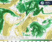 Prognoza wilgotności powietrza na wys. ok. 3 km nad powierzchnią ziemi w dniach 10-14.10.2021 r. wg modelu GFS.
