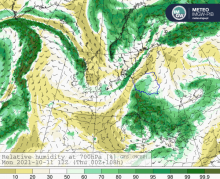 Prognoza wilgotności powietrza na wys. ok. 3 km nad powierzchnią ziemi w dniach 10-14.10.2021 r. wg modelu GFS.