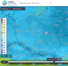 Prognoza wartości temperatury powietrza na wys. 2 m nad powierzchnią ziemi w sobotę 25.12.2021 r. o godz. 13:00 wg modelu GFS. | https://meteo.imgw.pl/